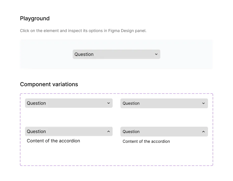 The Accordion page: a closed accordion in the playground, then closed and open variants in Desktop and Mobile sizes