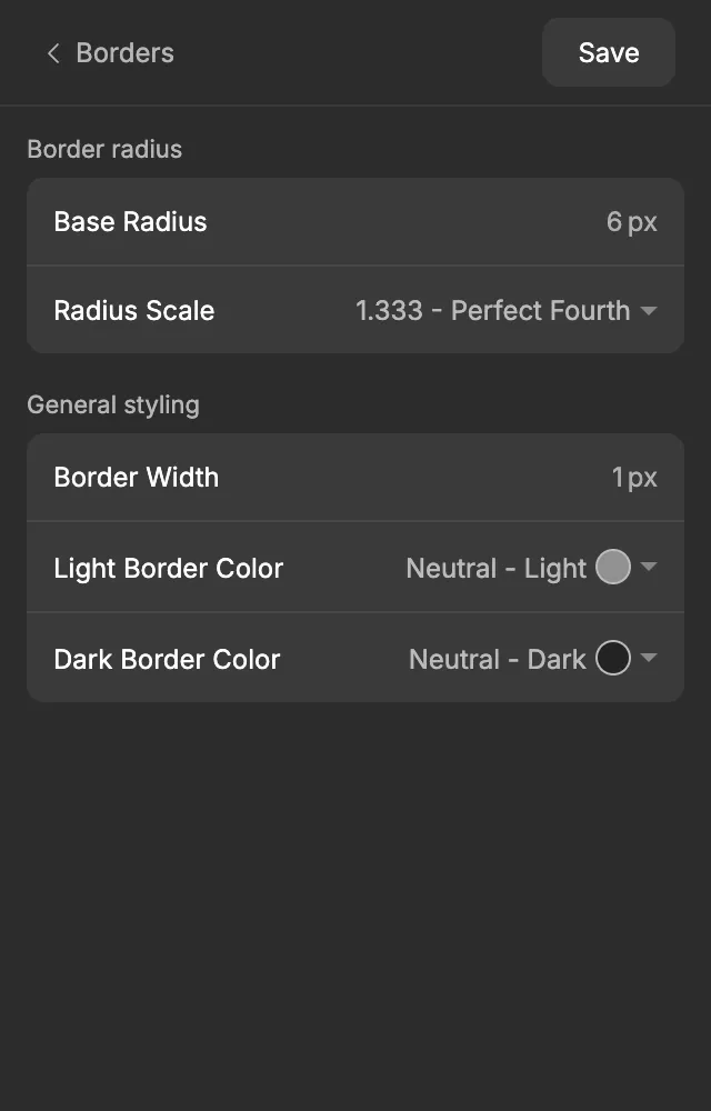 The Borders screen with the Border radius and General styling sections