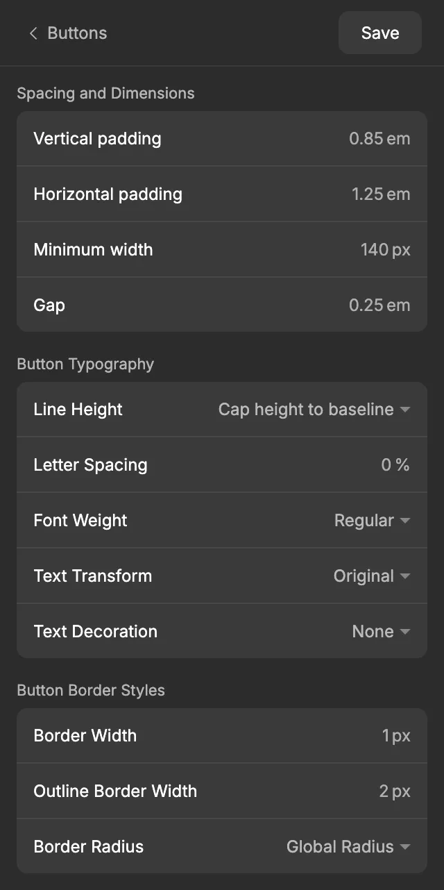 The Buttons screen with the Spacing and Dimensions, Button Typography and Button Border Styles sections
