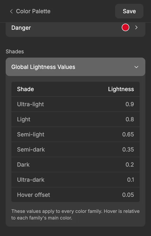 The Global Lightness Values table with the default lightness for each shade and the hover offset