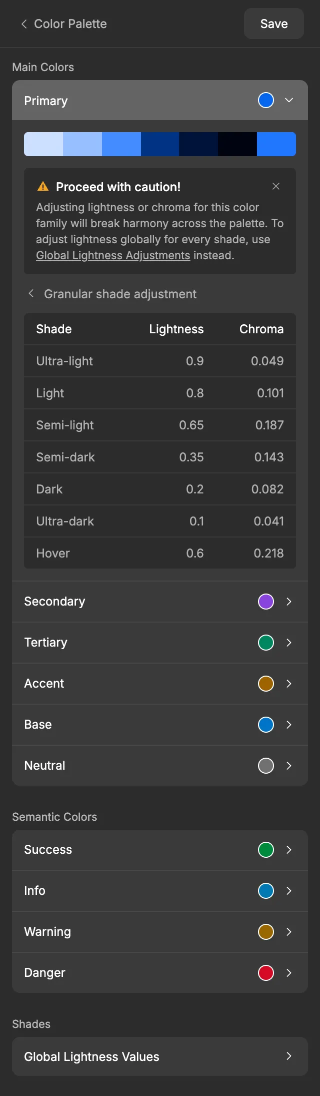 The Granular shade adjustment table for Primary, listing each shade’s lightness and chroma