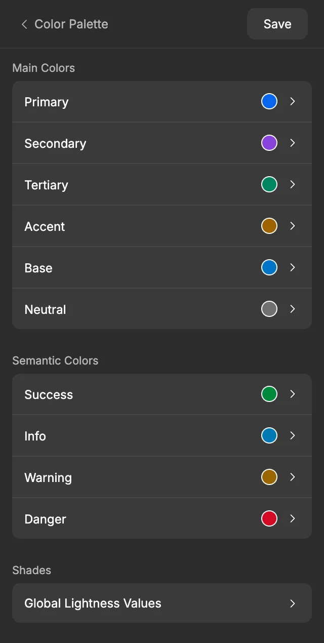 The Color Palette screen with the Main Colors, Semantic Colors and Shades sections