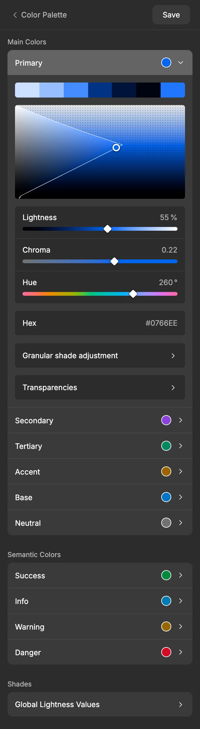 The Primary family open, showing the color picker, the Lightness, Chroma and Hue sliders and the Hex field