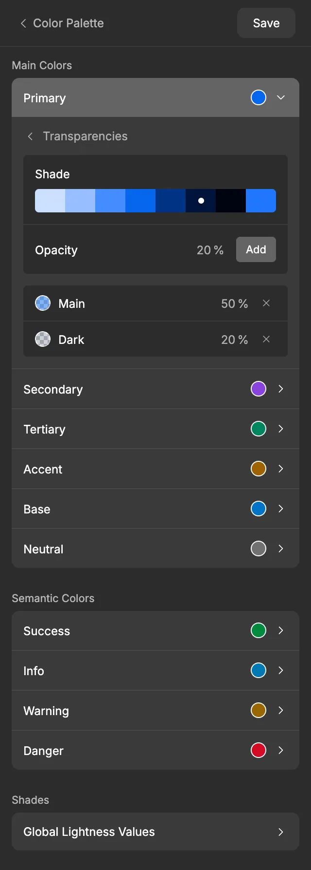 The Transparencies view of Primary, with the shade picker, the Opacity field and two transparencies in the list