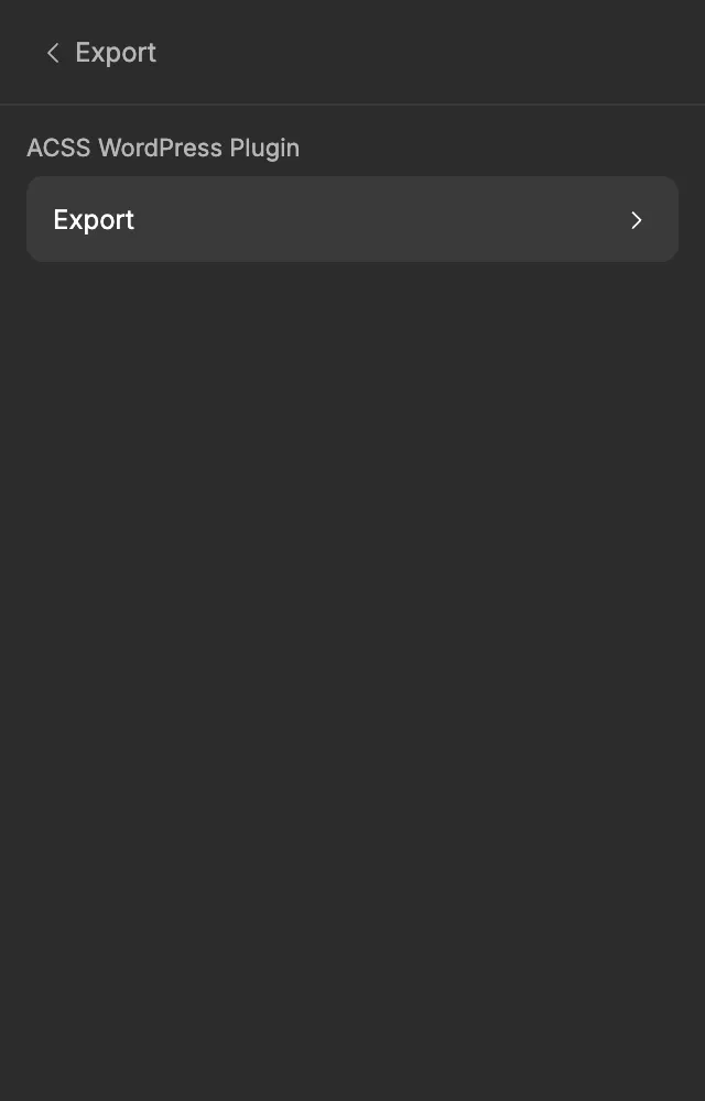 The Export screen with the Export button under ACSS WordPress Plugin