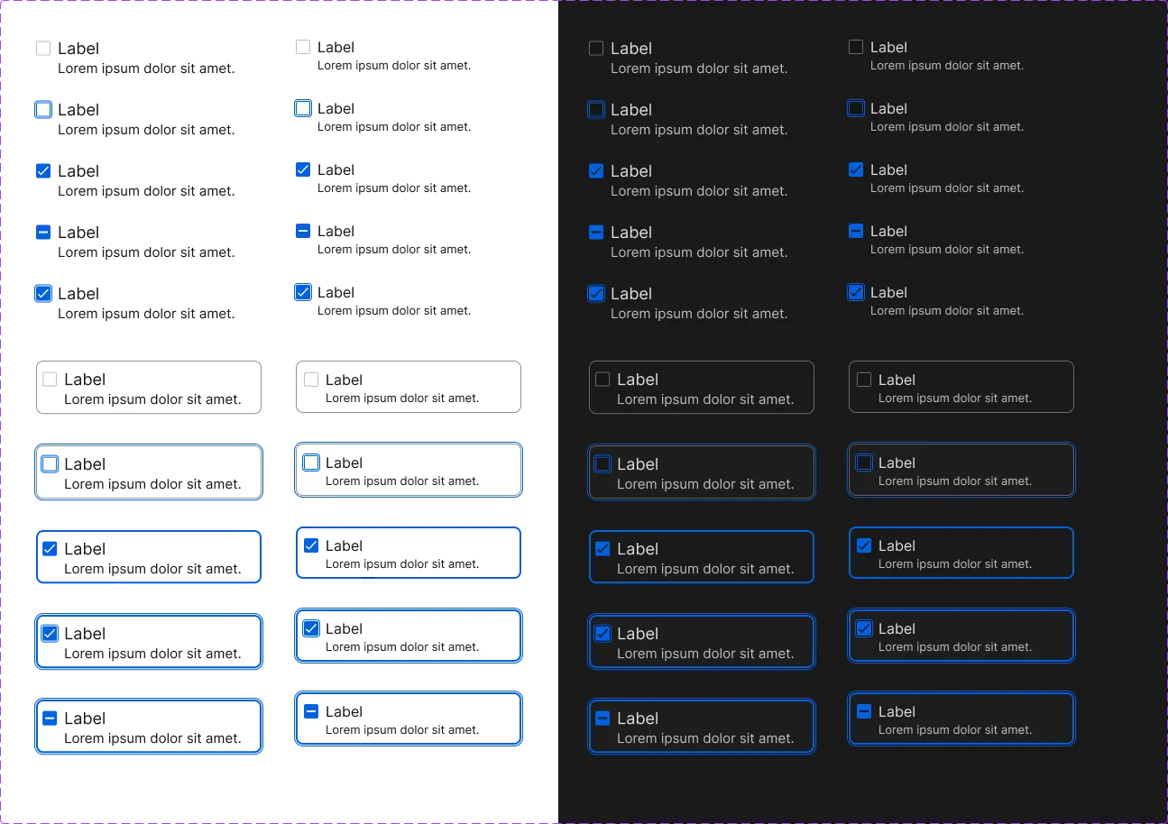 Checkbox variants: flat and boxed, in Desktop and Mobile sizes, on a light and a dark background
