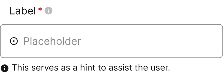 A text input with its label, a required asterisk, a tooltip icon, a placeholder and hint text below