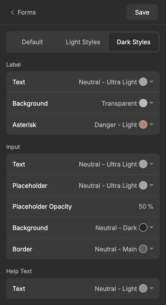 The Forms screen on the Dark Styles tab