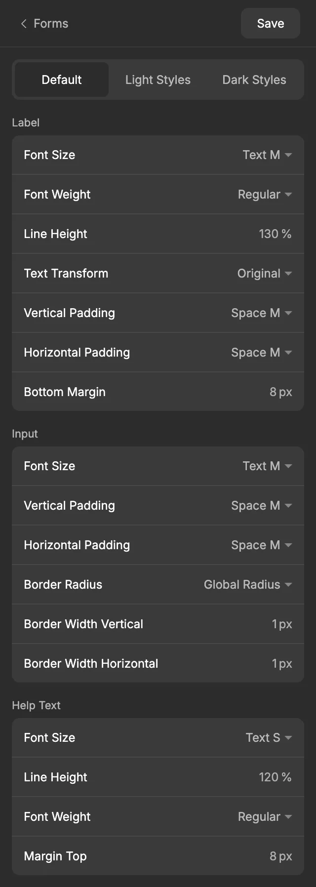 The Forms screen on the Default tab, with the Label, Input and Help Text sections