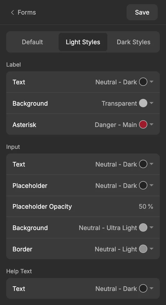 The Forms screen on the Light Styles tab