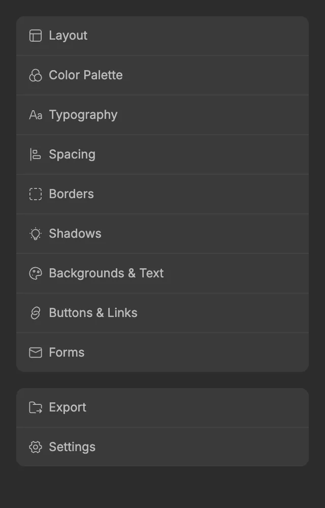 The plugin’s home menu with the nine design system screens, then Export and Settings