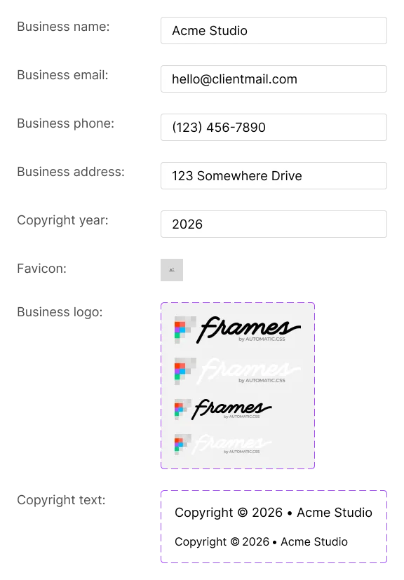 The Identity page: business name, email, phone, address, copyright year, favicon, the logo in four versions and the copyright text