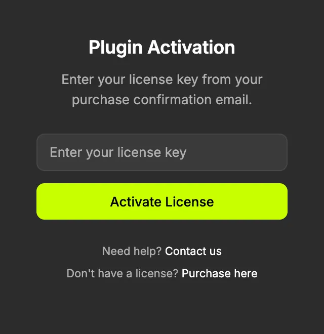 The Plugin Activation screen with a license key field and the Activate License button
