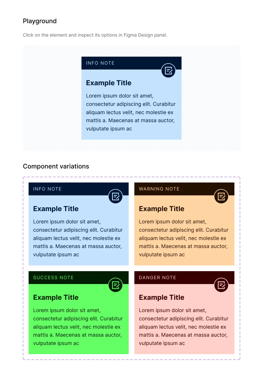 Project notes in four types: Info, Warning, Success and Danger, each with a title, text and an icon