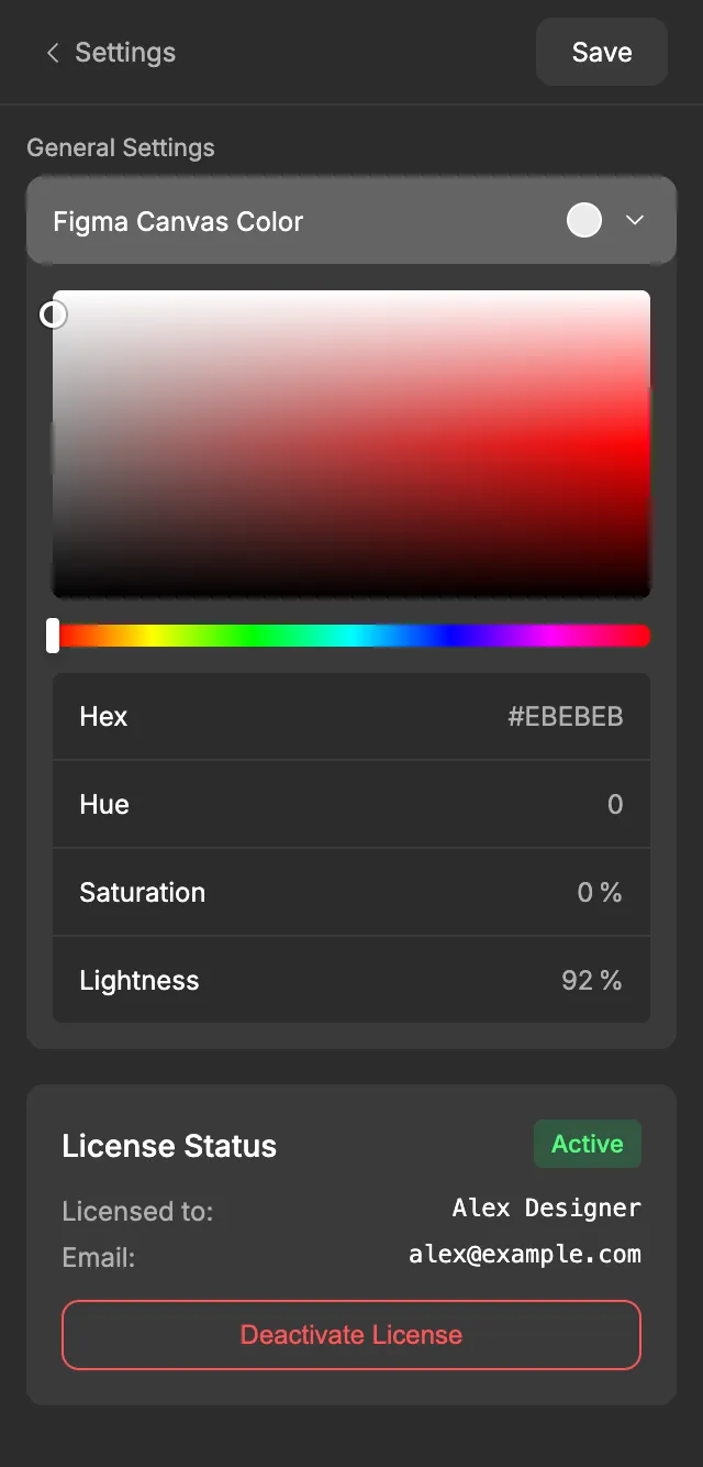 The Settings screen with the Figma Canvas Color picker open and the License Status panel below it