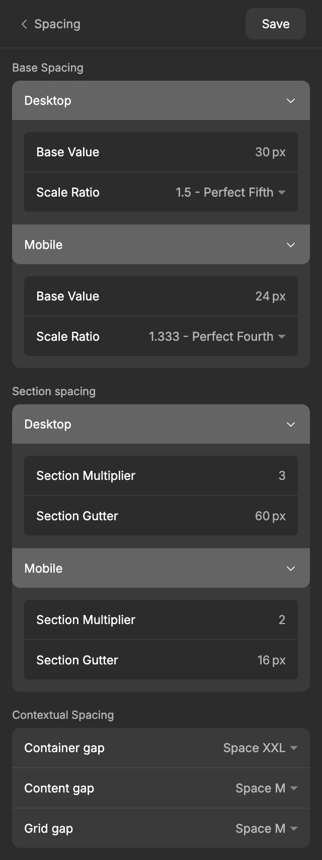 The Spacing screen with the Desktop and Mobile sections open