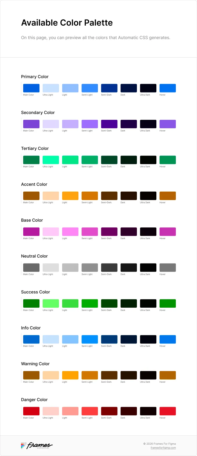 The Available Color Palette preview: ten color families from Primary to Danger, each with eight swatches