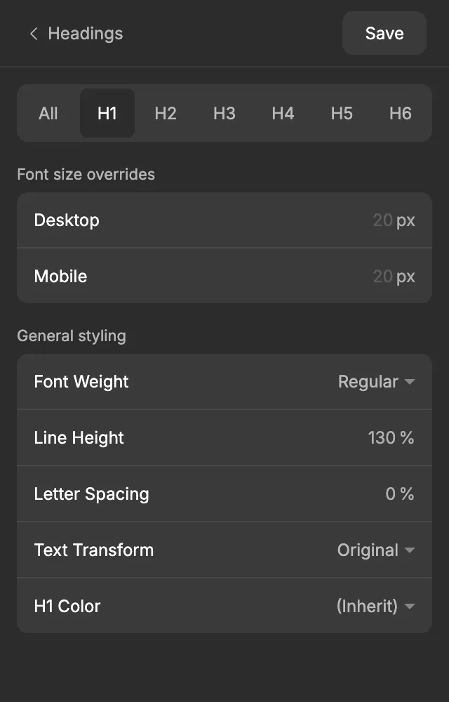 The H1 tab with Font size overrides and General styling