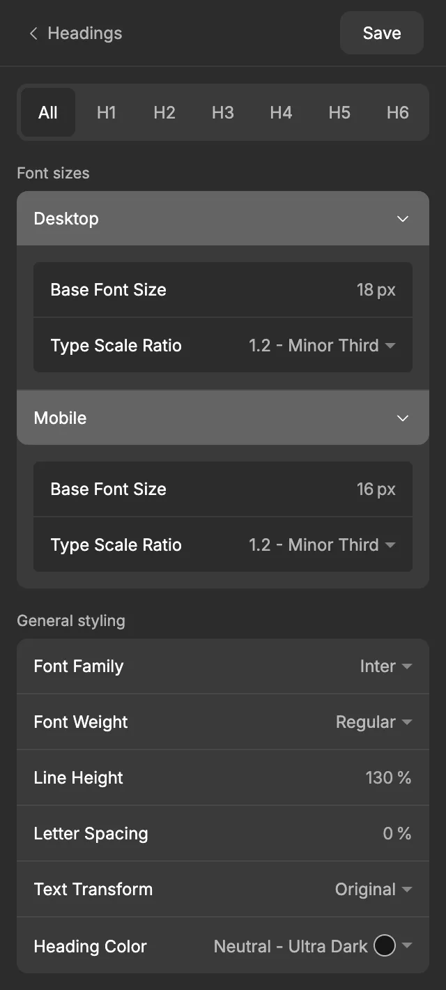 The Headings screen on the All tab, with Font sizes and General styling