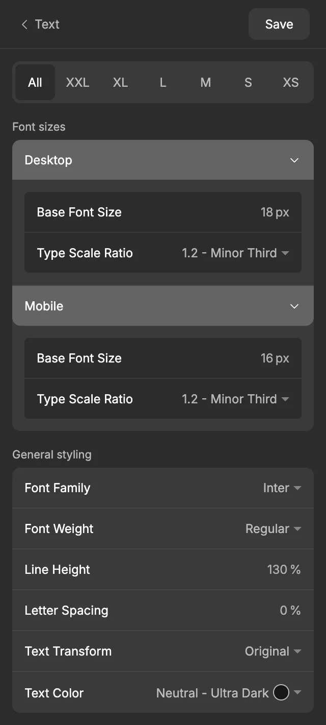 The Text screen on the All tab, with tabs for XXL to XS and the Text Color setting