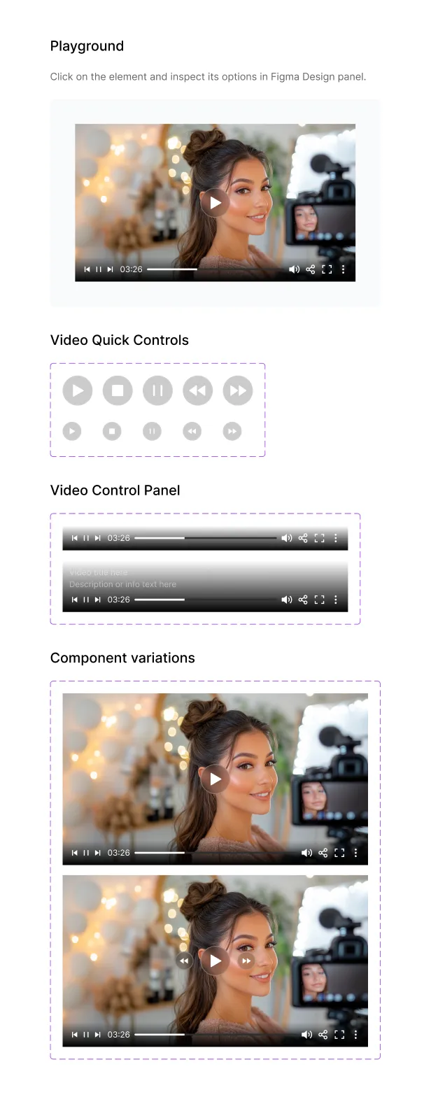 The Video page: a video player, quick control buttons, two control bars and the player’s Default and Hover variants